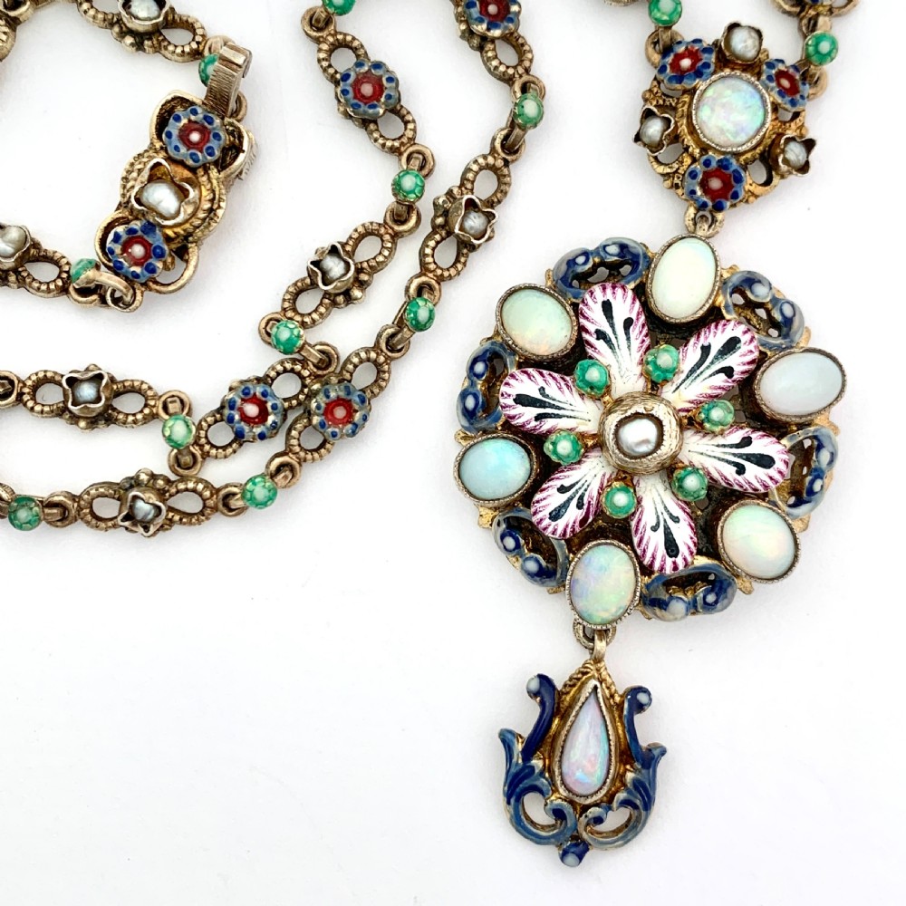 Antique Austro-Hungarian Opal, Pearl and Enamel Silver Gilt Necklace  View II