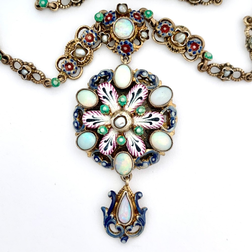 Antique Austro-Hungarian Opal, Pearl and Enamel Silver Gilt Necklace  View III