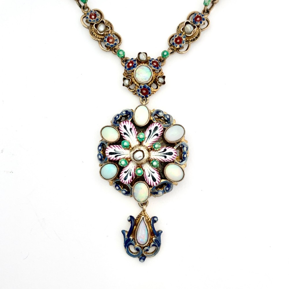 Antique Austro-Hungarian Opal, Pearl and Enamel Silver Gilt Necklace  View VII