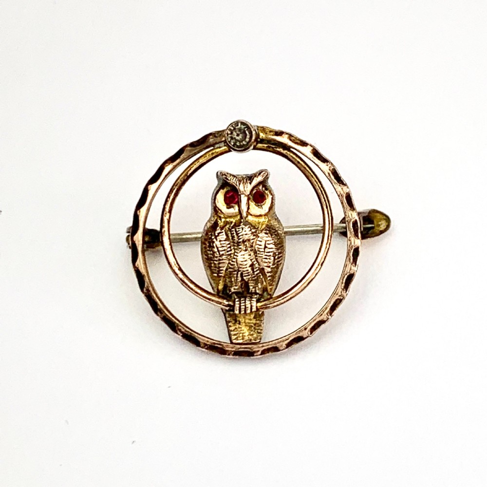 Art Deco Rose Gold Owl Brooch with Ruby Paste Eyes