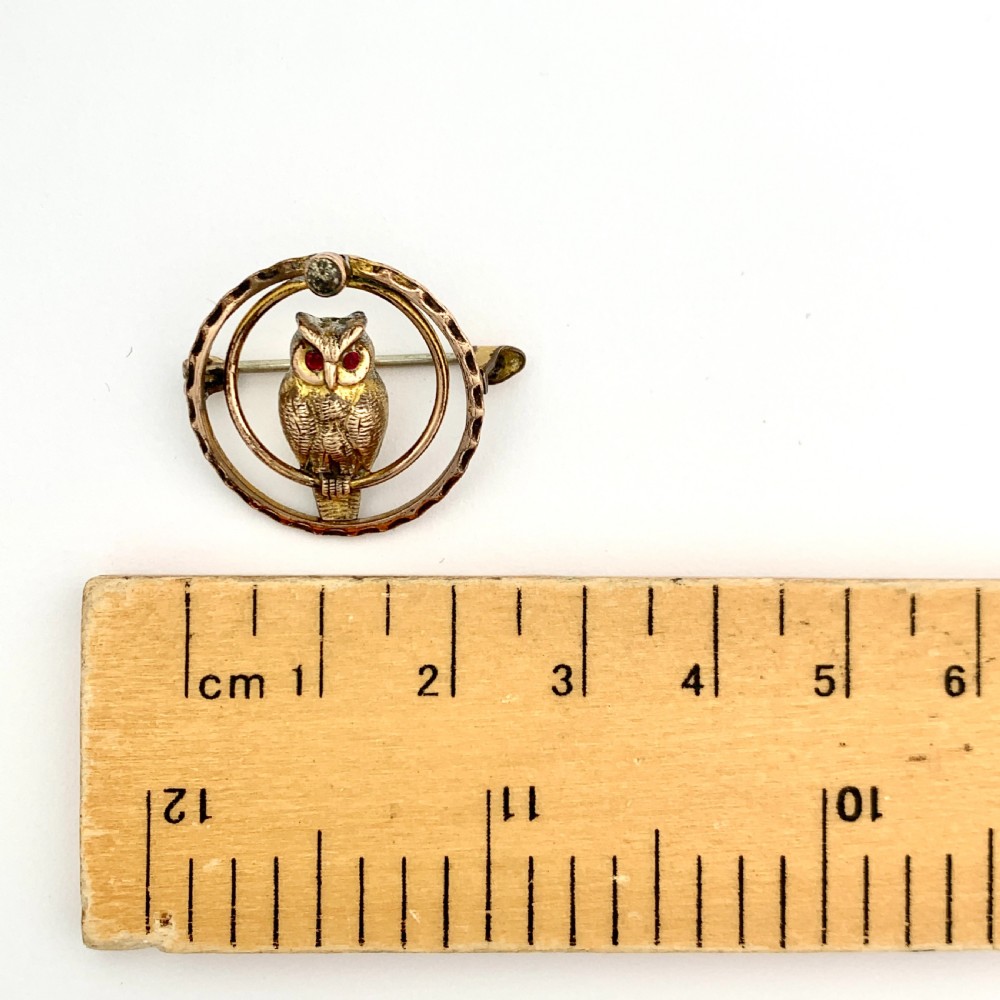 Art Deco Rose Gold Owl Brooch with Ruby Paste Eyes View II