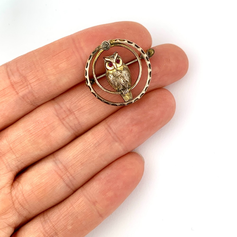 Art Deco Rose Gold Owl Brooch with Ruby Paste Eyes View III