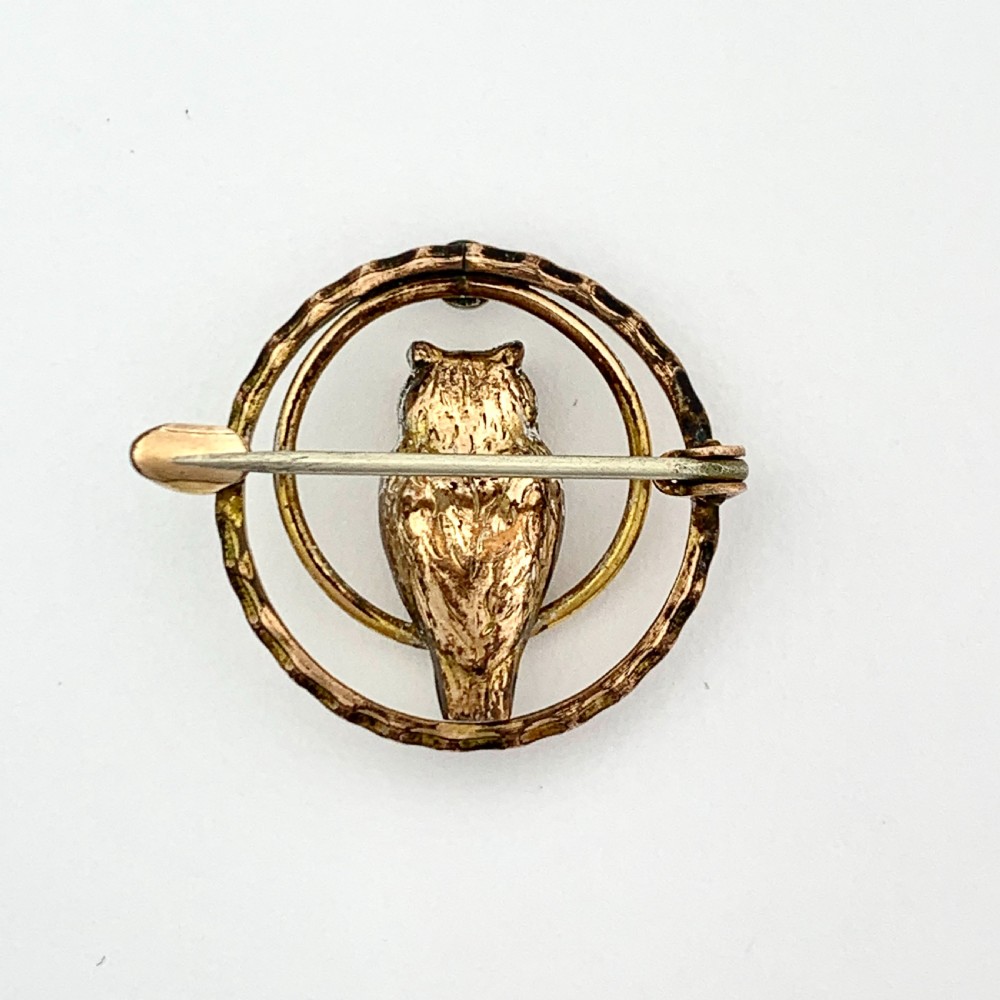 Art Deco Rose Gold Owl Brooch with Ruby Paste Eyes View IV