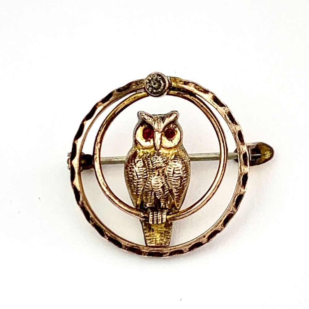 Art Deco Rose Gold Owl Brooch with Ruby Paste Eyes View V