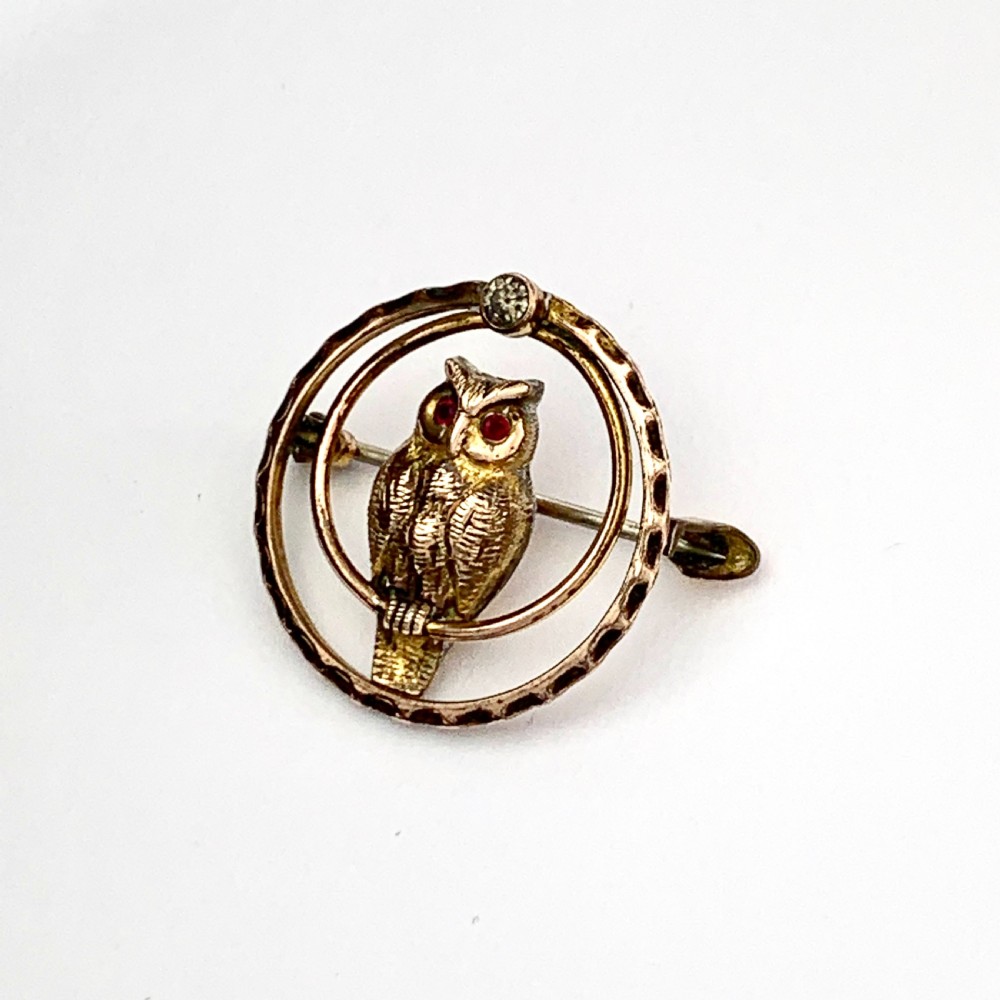 Art Deco Rose Gold Owl Brooch with Ruby Paste Eyes View VI