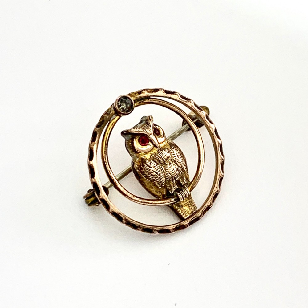 Art Deco Rose Gold Owl Brooch with Ruby Paste Eyes View VII