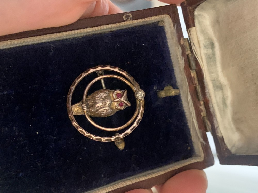 Art Deco Rose Gold Owl Brooch with Ruby Paste Eyes View VIII