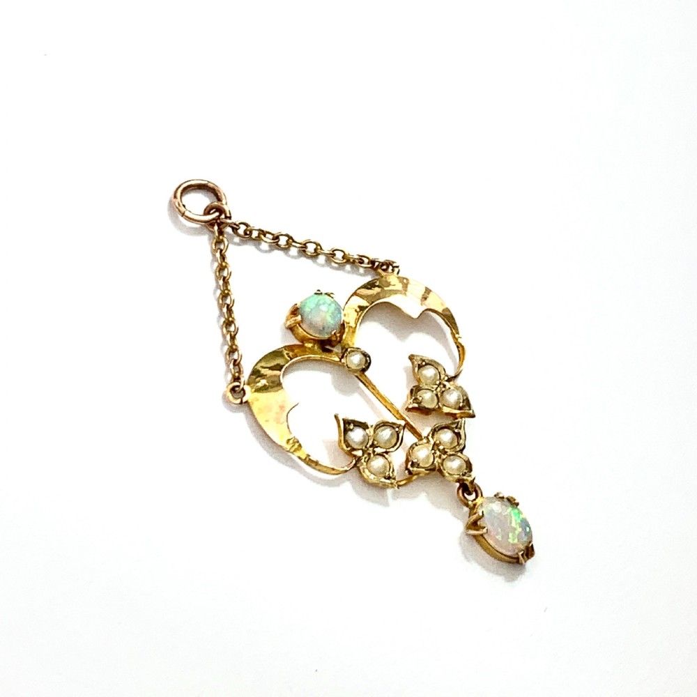 Edwardian 9CT Gold Opal and Pearl Lavalier Chain Pendant
