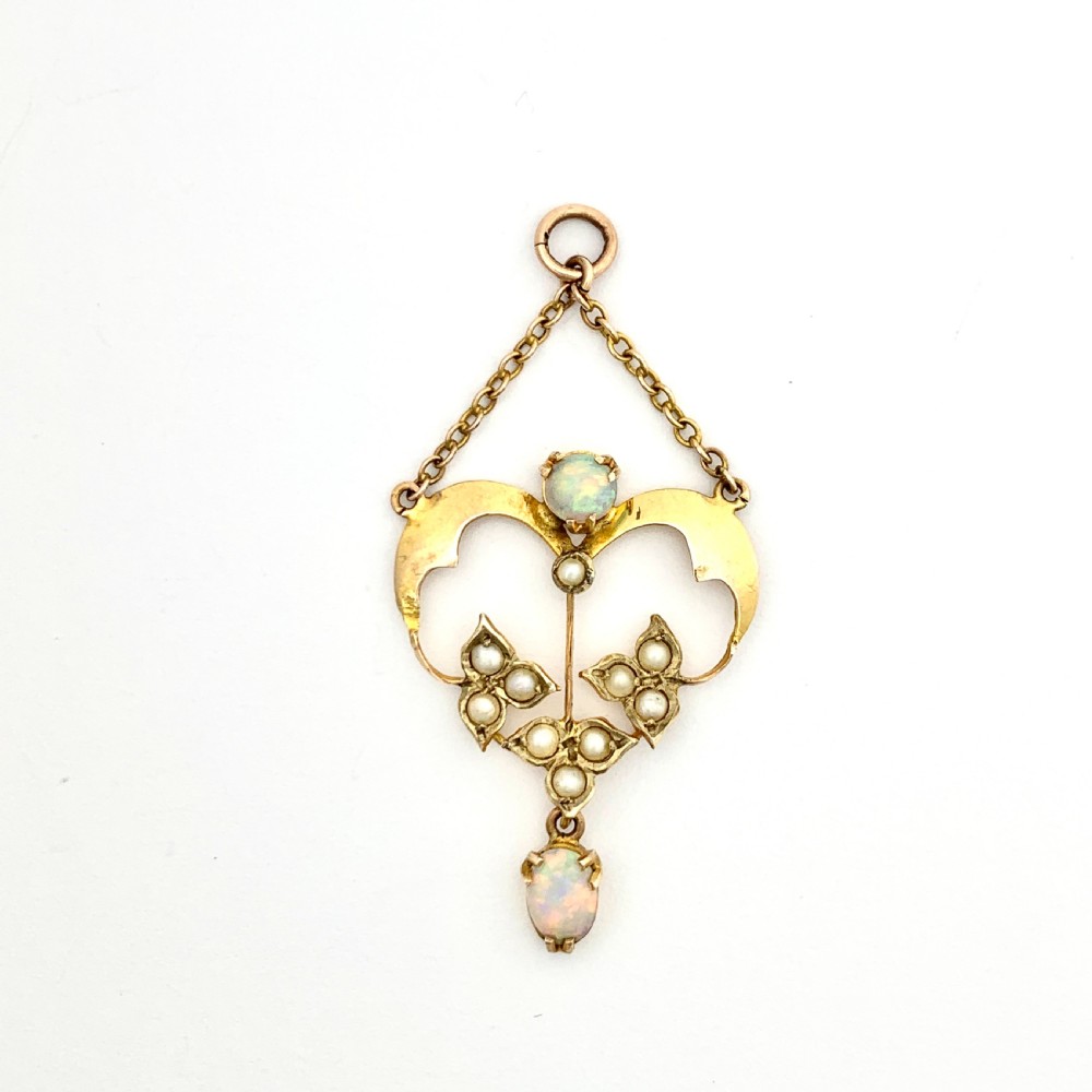 Edwardian 9CT Gold Opal and Pearl Lavalier Chain Pendant View II