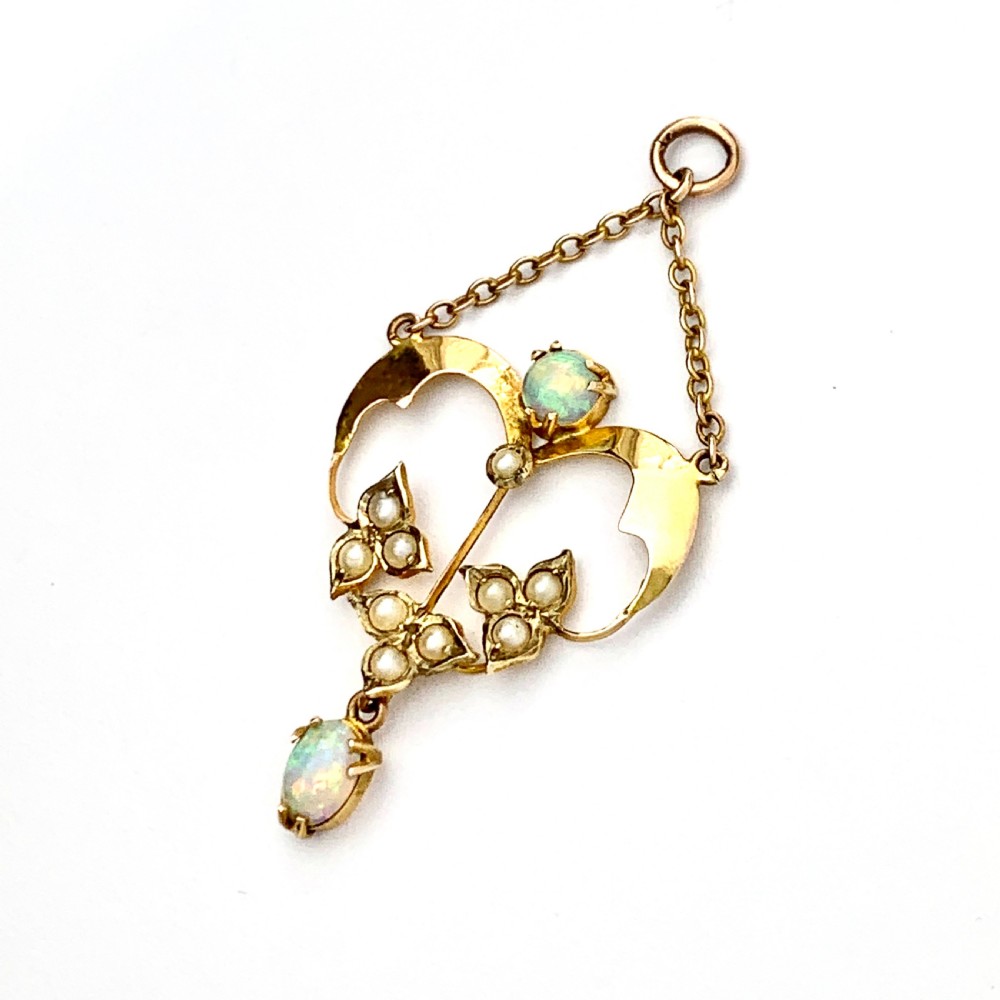 Edwardian 9CT Gold Opal and Pearl Lavalier Chain Pendant View III