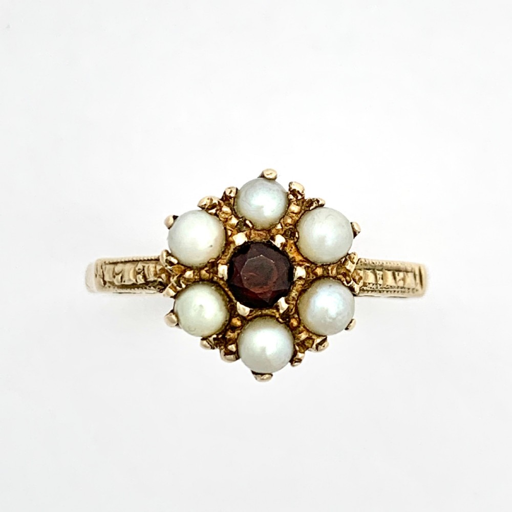 Vintage 9CT Gold Pearl and Garnet Victorian Style Posy Ring