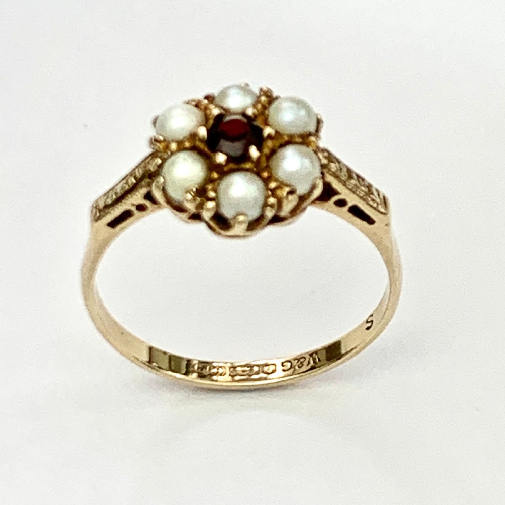 Vintage 9CT Gold Pearl and Garnet Victorian Style Posy Ring View IV