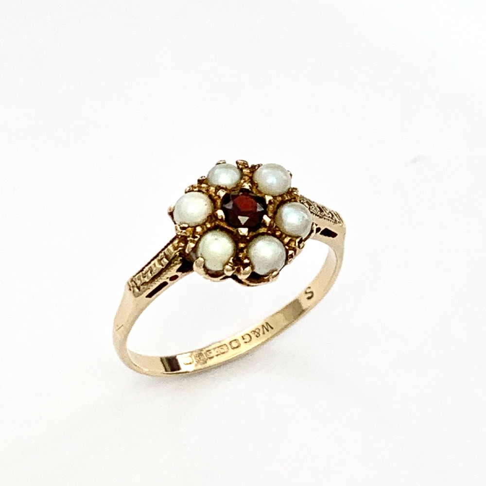Vintage 9CT Gold Pearl and Garnet Victorian Style Posy Ring View V