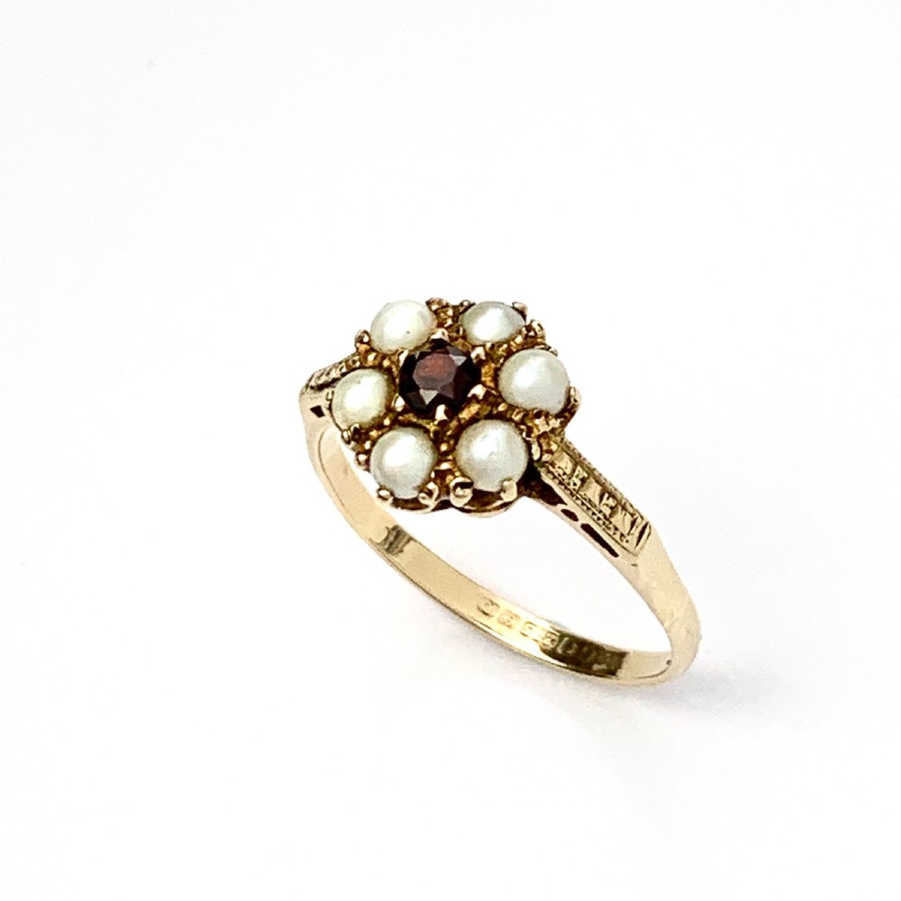 Vintage 9CT Gold Pearl and Garnet Victorian Style Posy Ring View VI