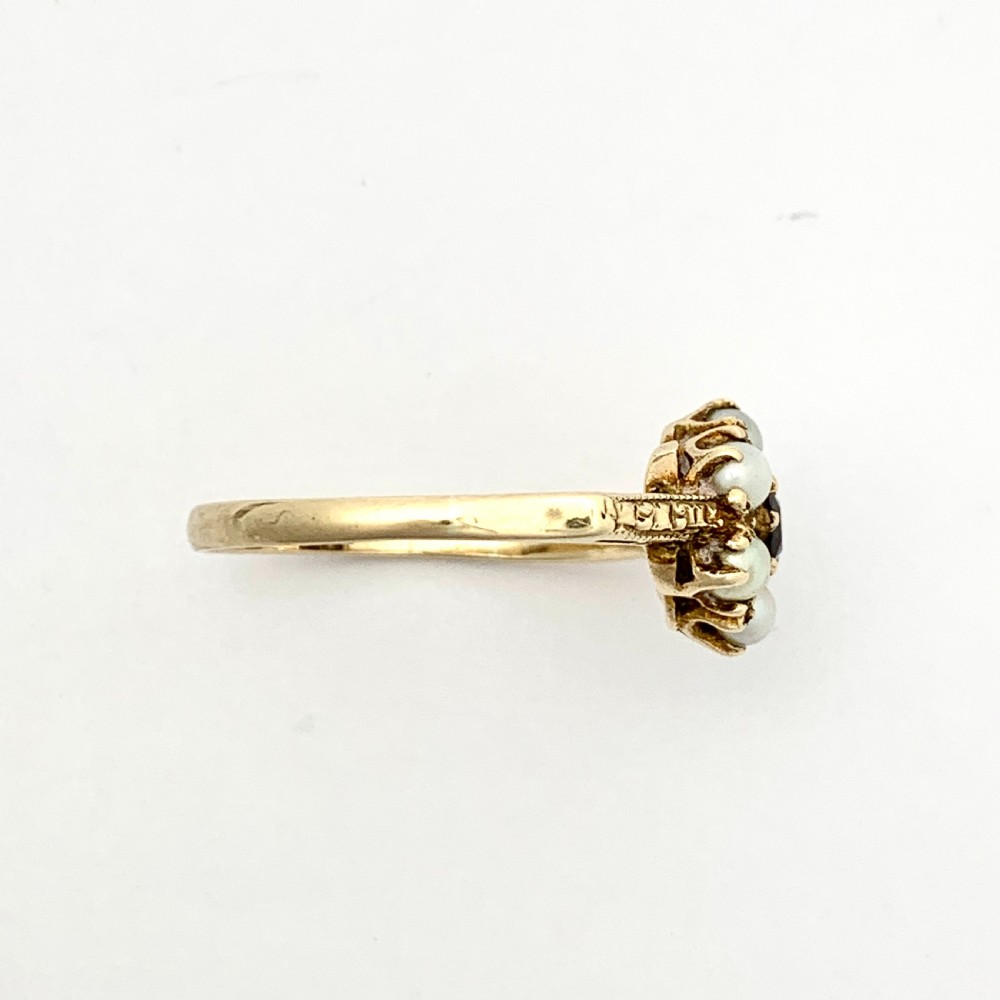 Vintage 9CT Gold Pearl and Garnet Victorian Style Posy Ring View VII
