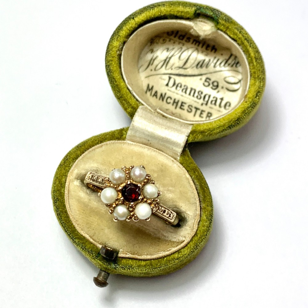 Vintage 9CT Gold Pearl and Garnet Victorian Style Posy Ring View IX
