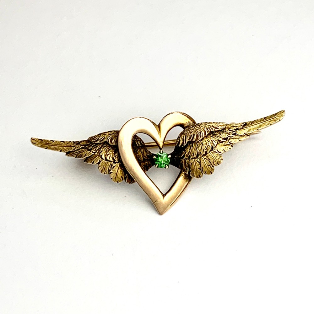 Antique 15CT Gold Demantoid Garnet Winged Heart Brooch