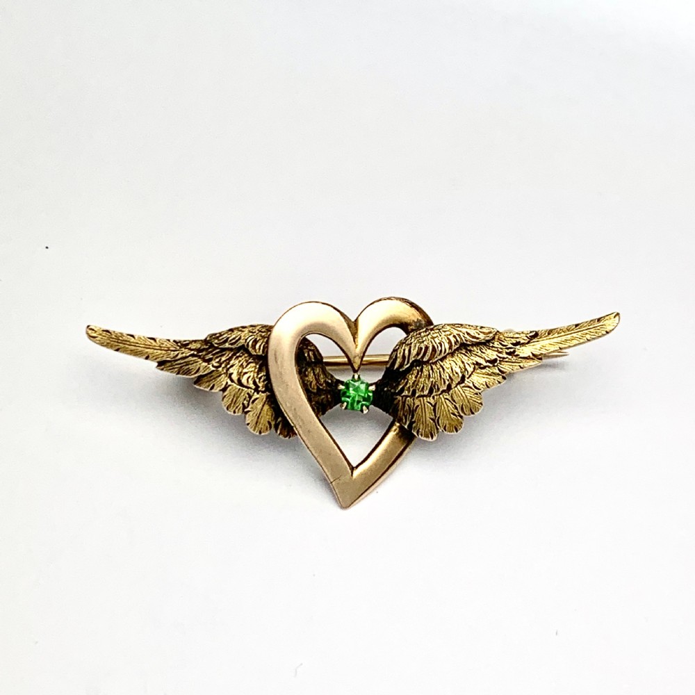 Antique 15CT Gold Demantoid Garnet Winged Heart Brooch View II