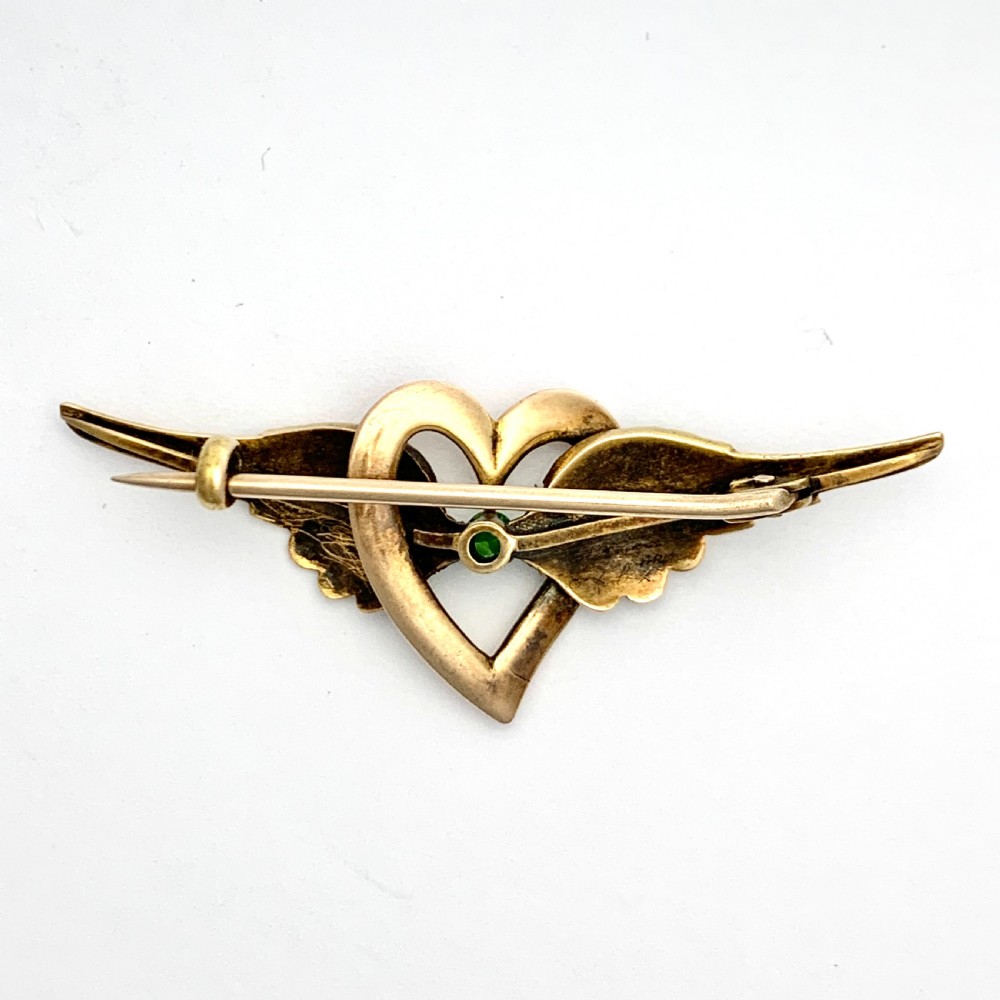 Antique 15CT Gold Demantoid Garnet Winged Heart Brooch View III