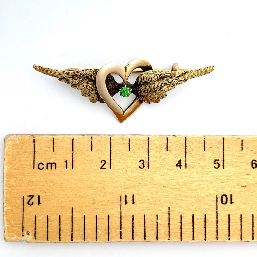 Antique 15CT Gold Demantoid Garnet Winged Heart Brooch View IV