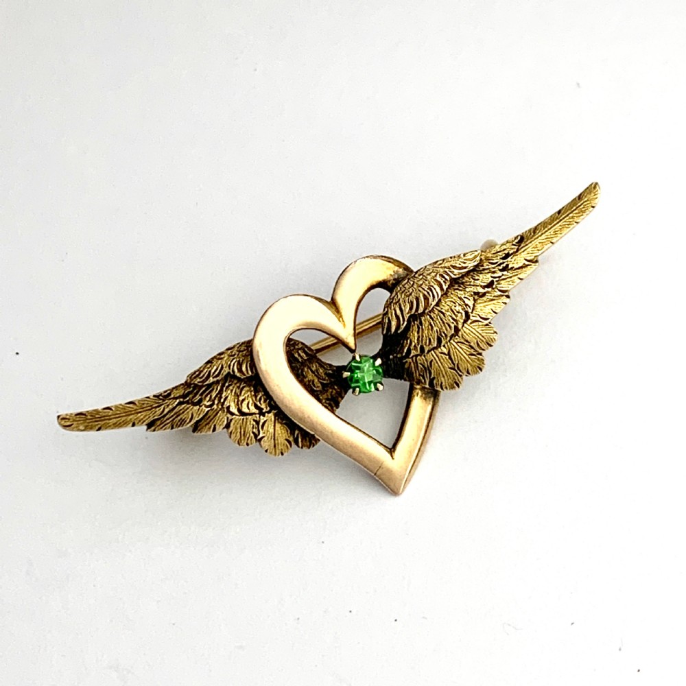 Antique 15CT Gold Demantoid Garnet Winged Heart Brooch View VI