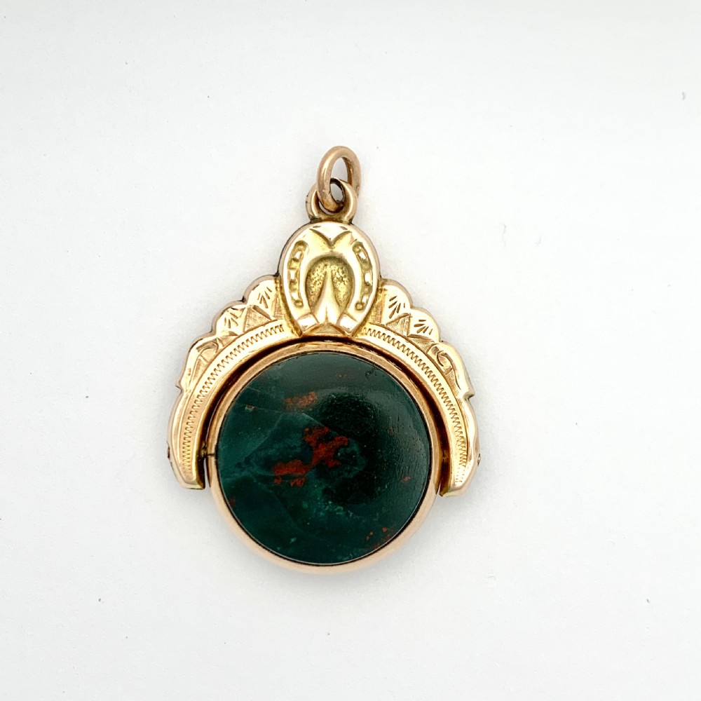 Large Victorian 1900 Bloodstone Horseshoe Swivel Fob Pendant in 9CT Rose Gold View II