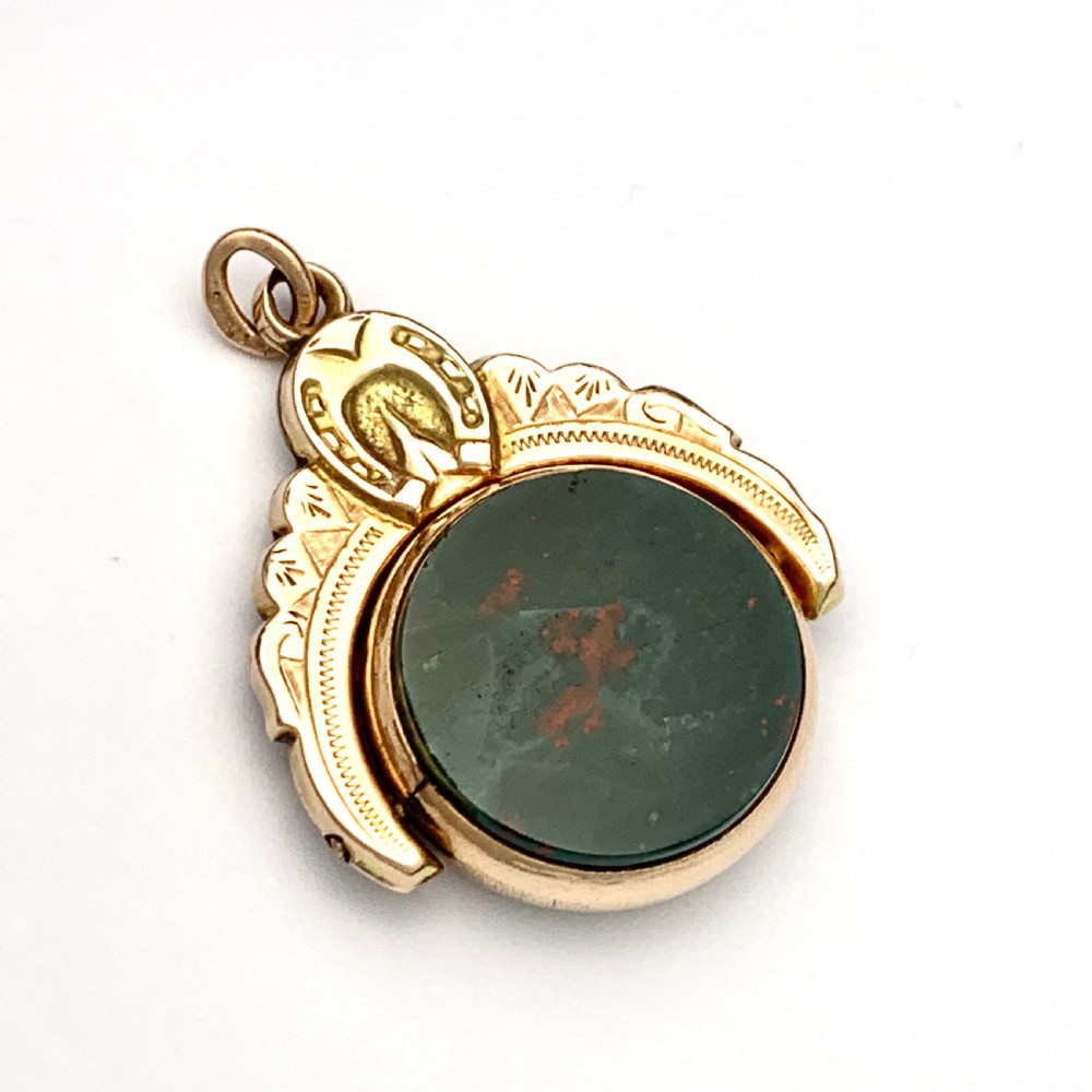 Large Victorian 1900 Bloodstone Horseshoe Swivel Fob Pendant in 9CT Rose Gold View V