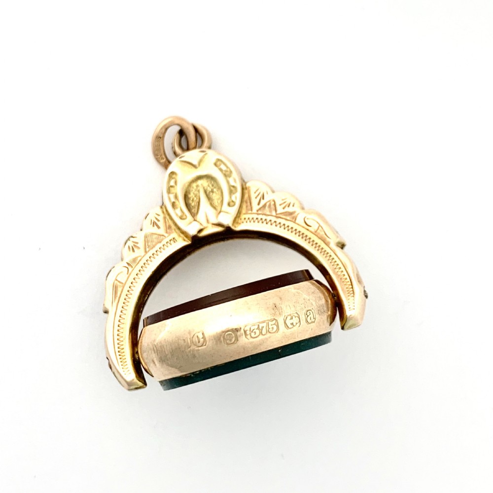 Large Victorian 1900 Bloodstone Horseshoe Swivel Fob Pendant in 9CT Rose Gold View VI