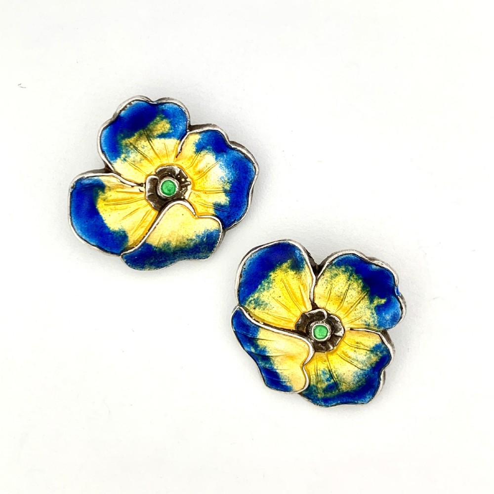 Vintage Enamel Silver Flower Ear Clips  View II