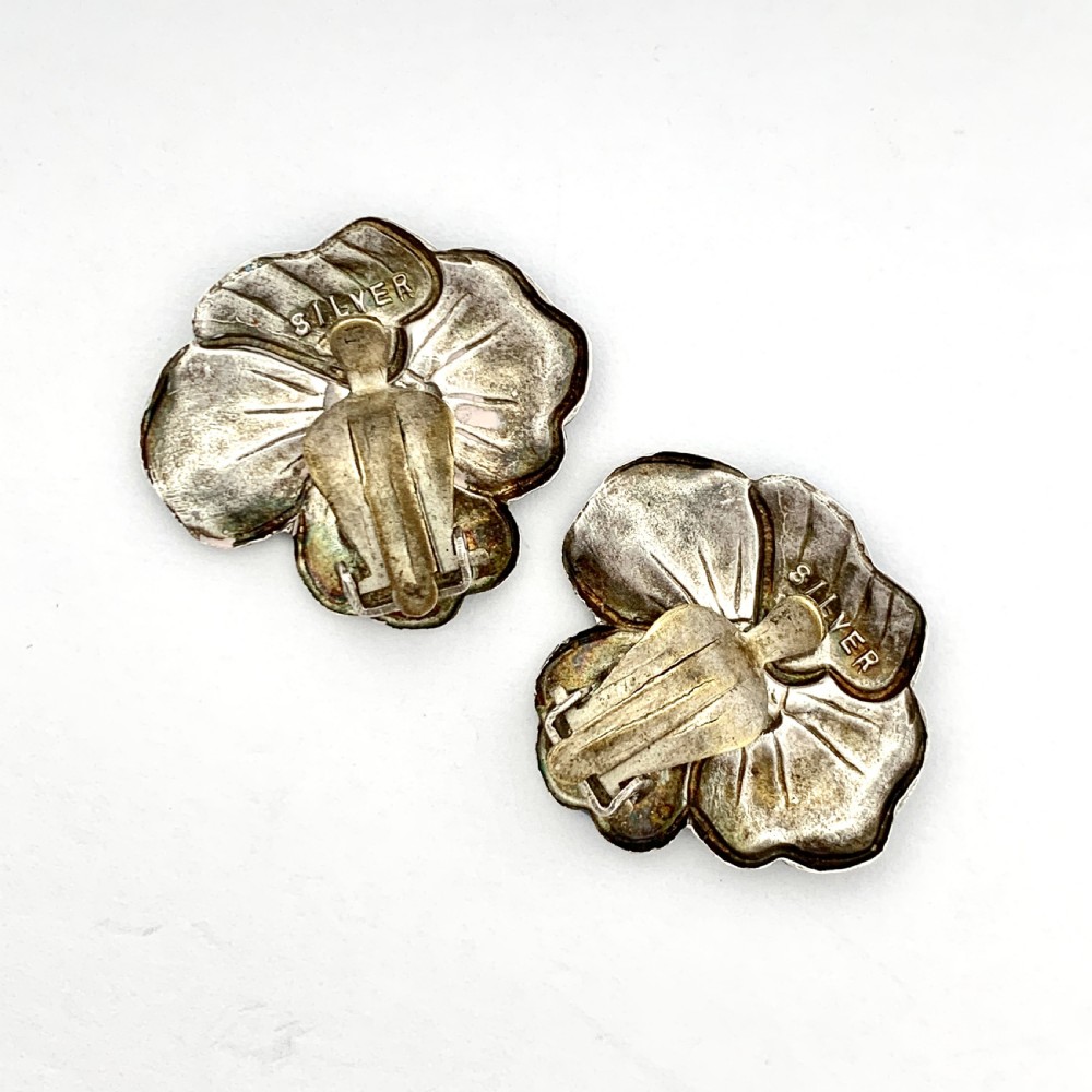Vintage Enamel Silver Flower Ear Clips  View IV