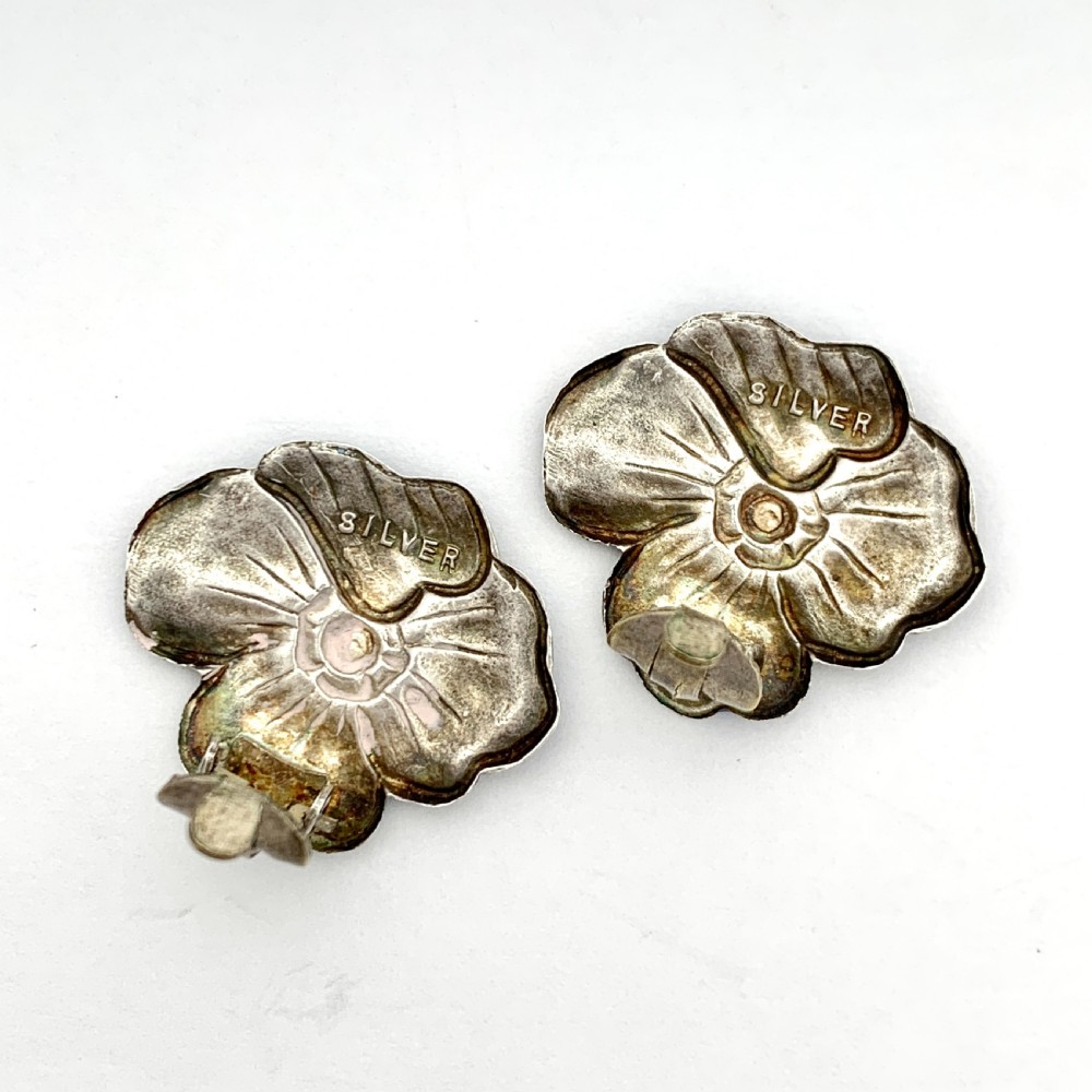 Vintage Enamel Silver Flower Ear Clips  View VI