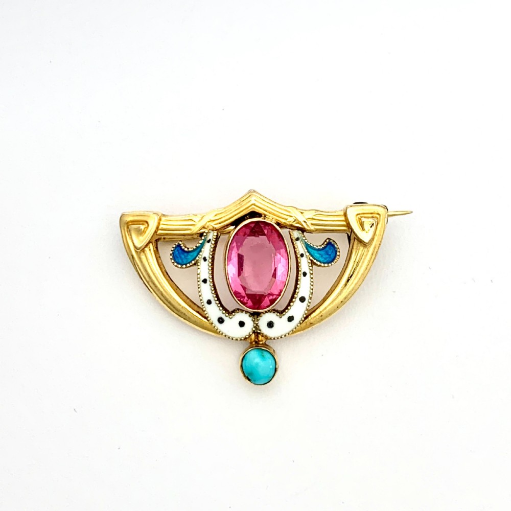 Art Nouveau French 18CT Gold FIX Enamel Brooch with Turquoise