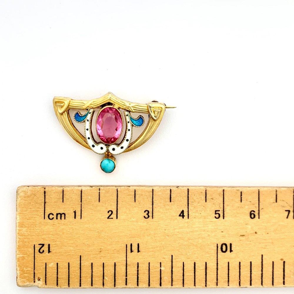 Art Nouveau French 18CT Gold FIX Enamel Brooch with Turquoise View II
