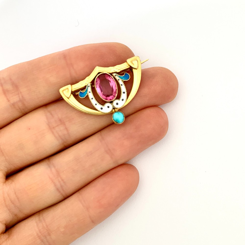 Art Nouveau French 18CT Gold FIX Enamel Brooch with Turquoise View III