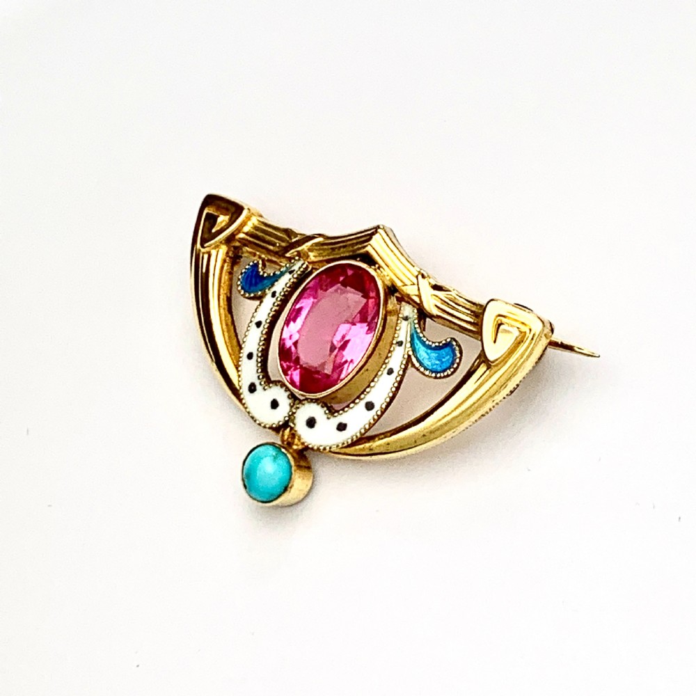 Art Nouveau French 18CT Gold FIX Enamel Brooch with Turquoise View IV