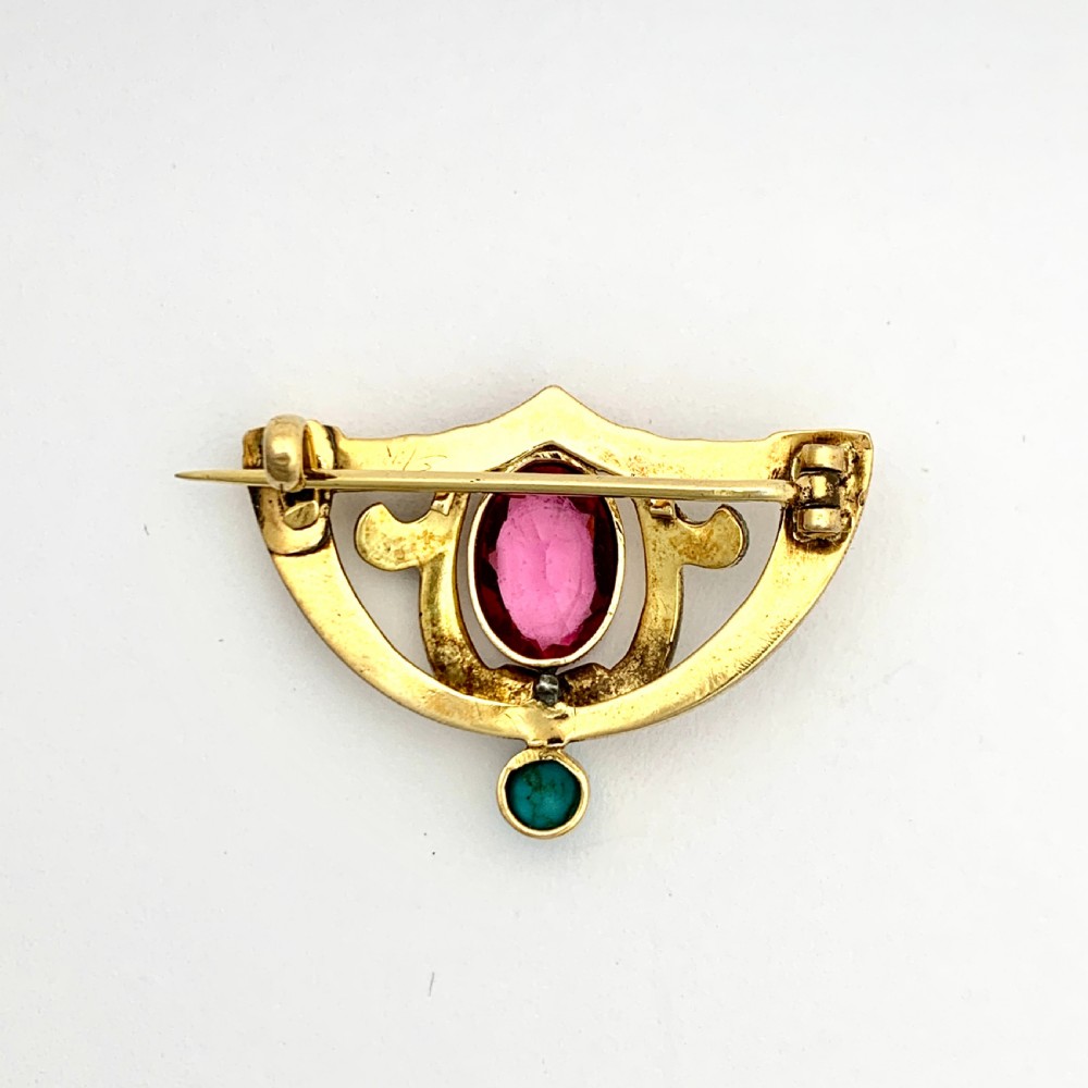 Art Nouveau French 18CT Gold FIX Enamel Brooch with Turquoise View V