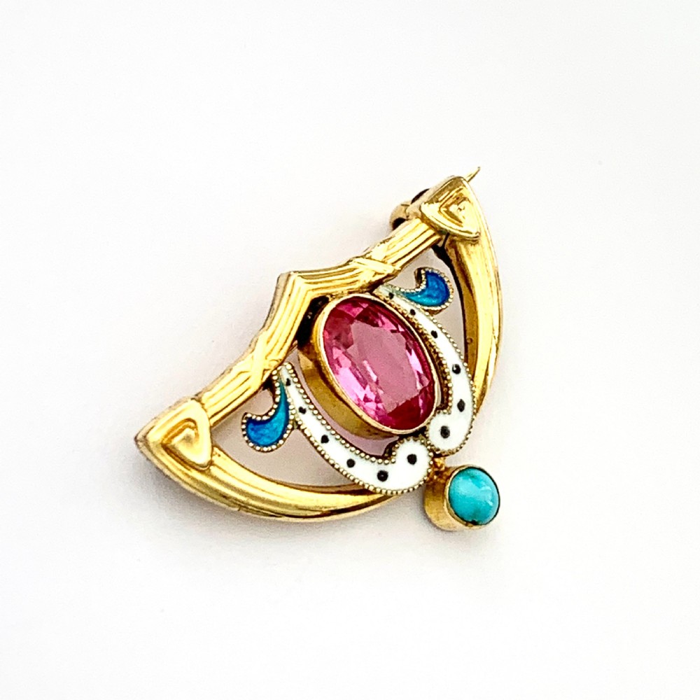 Art Nouveau French 18CT Gold FIX Enamel Brooch with Turquoise View VI