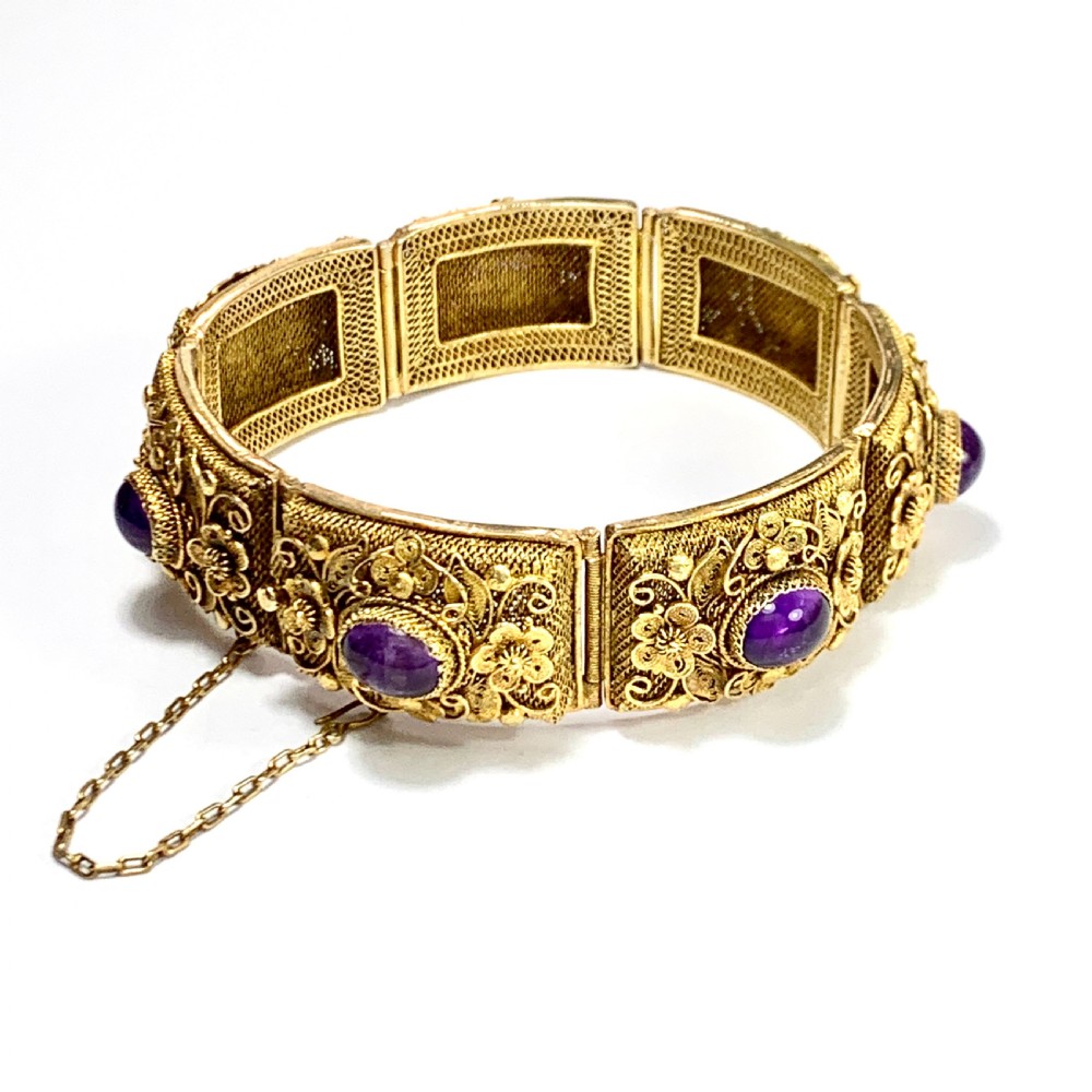 RESERVED for NC • Chinese Late Art Deco Amethyst Silver Gilt Filigree Bracelet