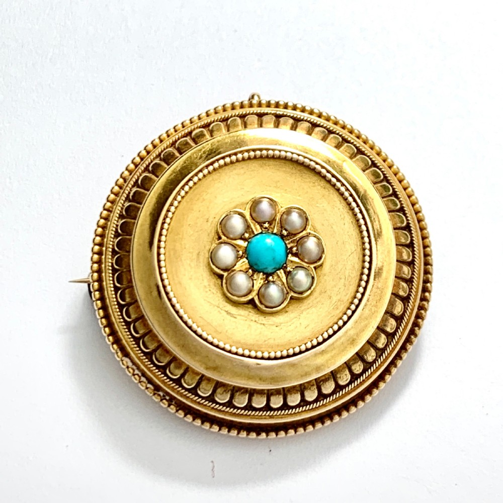 Victorian 15CT Gold Turquoise and Pearl Locket Brooch Pendant