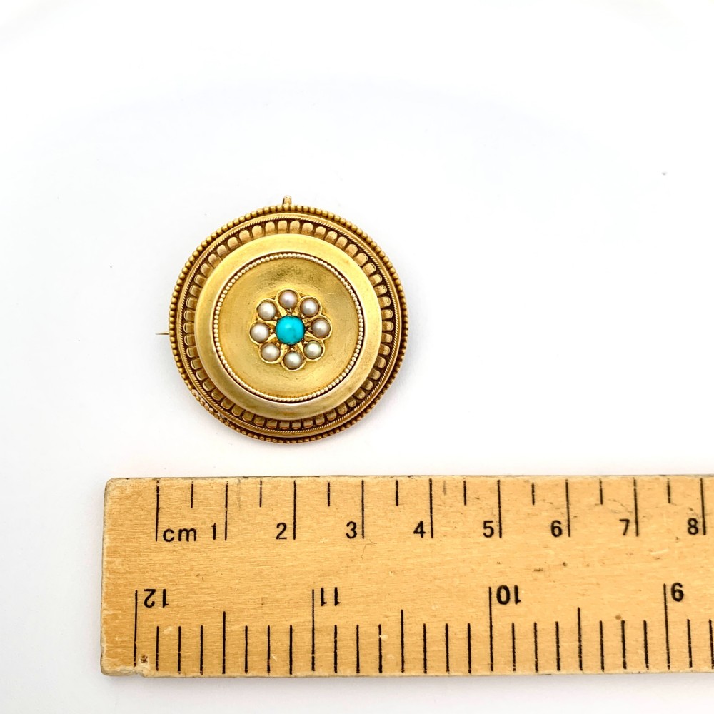Victorian 15CT Gold Turquoise and Pearl Locket Brooch Pendant View II
