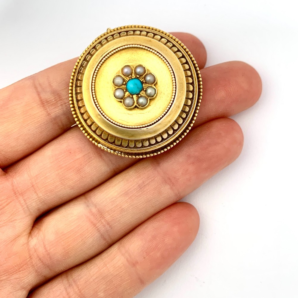 Victorian 15CT Gold Turquoise and Pearl Locket Brooch Pendant View III