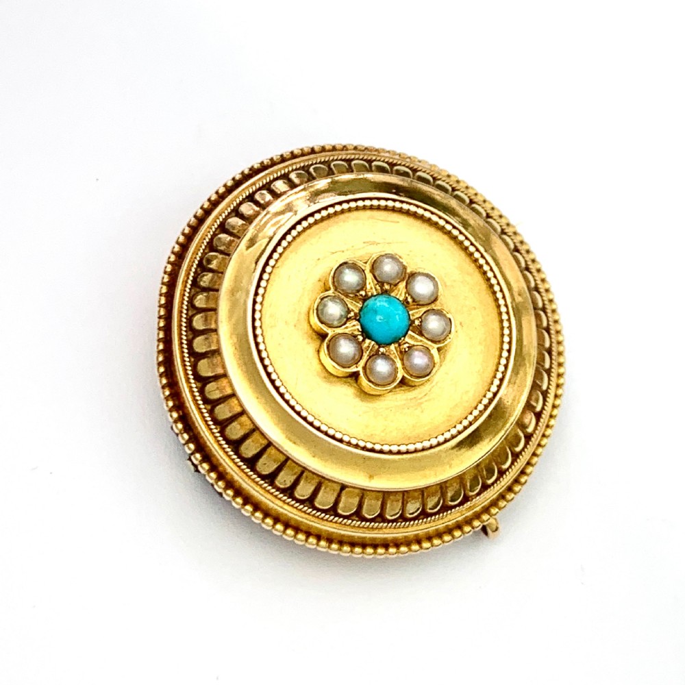 Victorian 15CT Gold Turquoise and Pearl Locket Brooch Pendant View IV