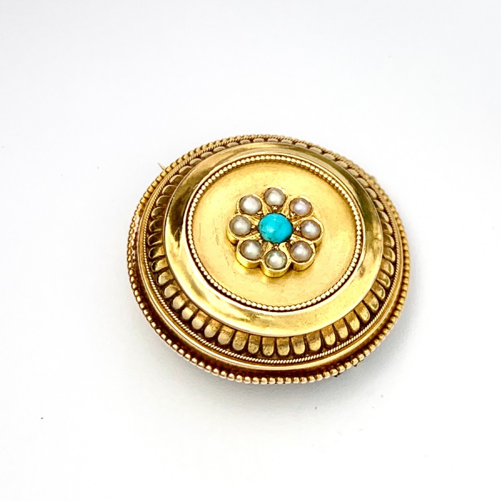 Victorian 15CT Gold Turquoise and Pearl Locket Brooch Pendant View VI