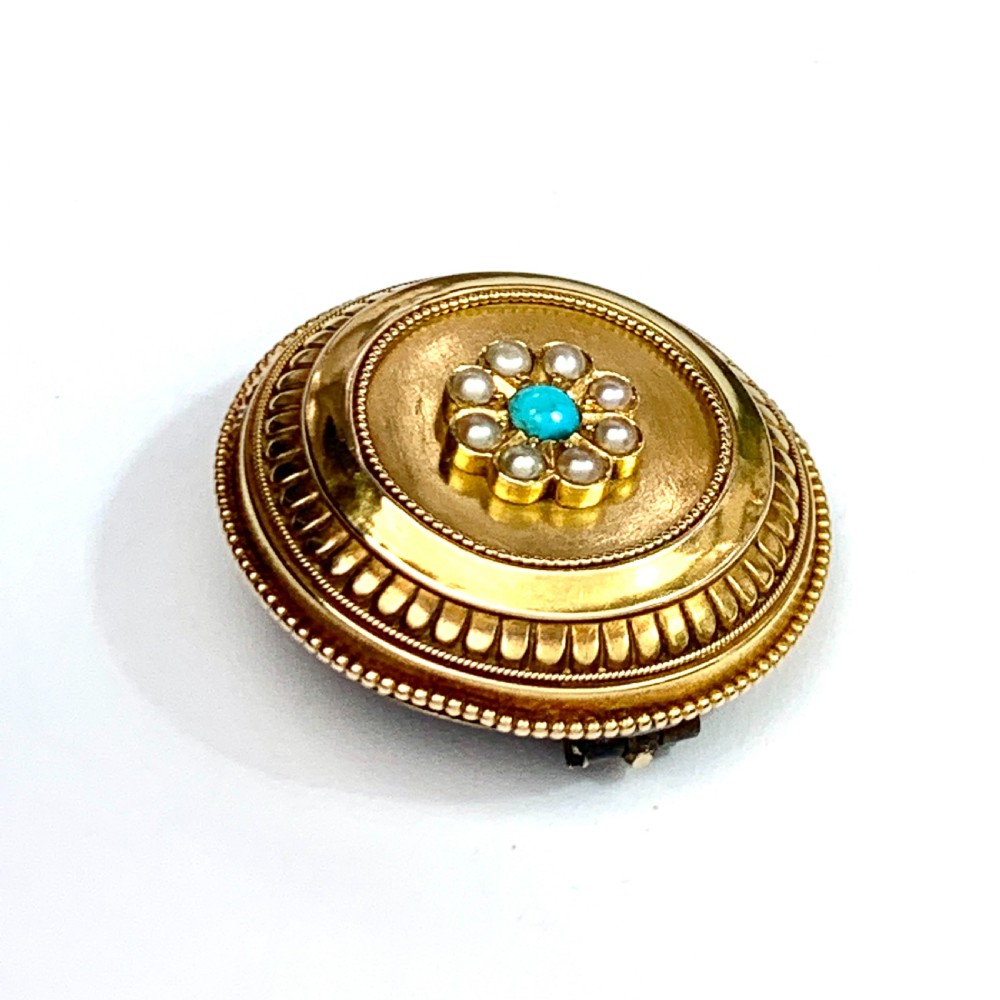 Victorian 15CT Gold Turquoise and Pearl Locket Brooch Pendant View VII