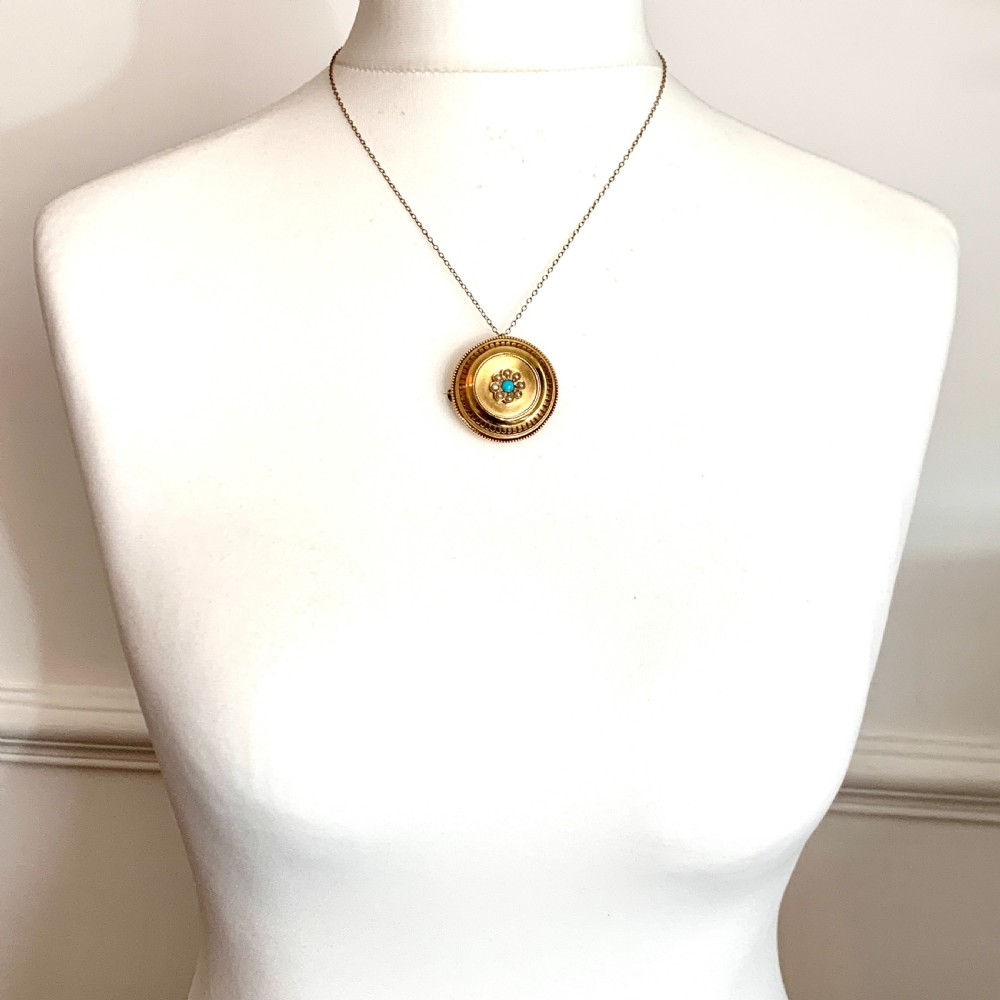 Victorian 15CT Gold Turquoise and Pearl Locket Brooch Pendant View VIII