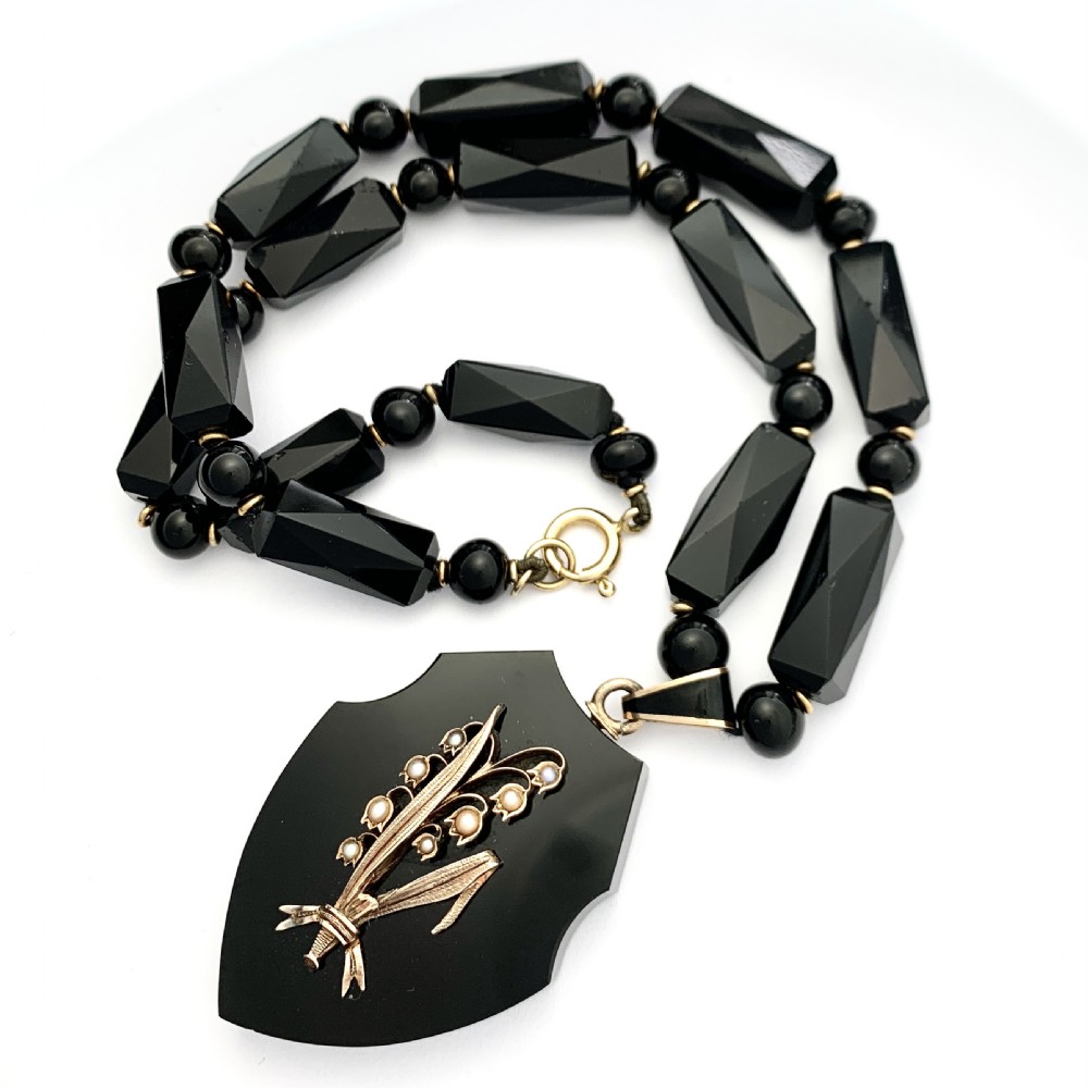 Victorian French Jet and Pearl Lily of the Valley Locket Necklace