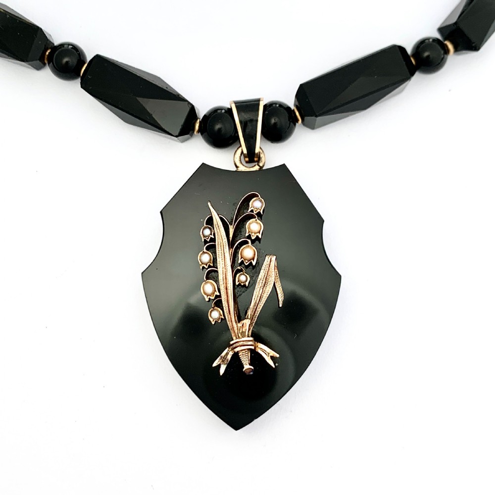 Victorian French Jet and Pearl Lily of the Valley Locket Necklace View II