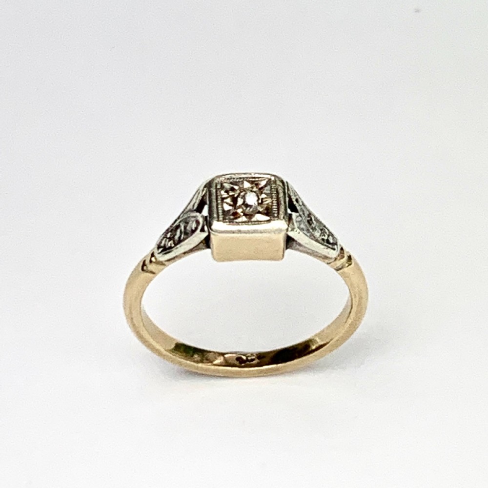 Antique 9CT Gold Square Face Diamond Solitaire Ring • Engagement Ring
