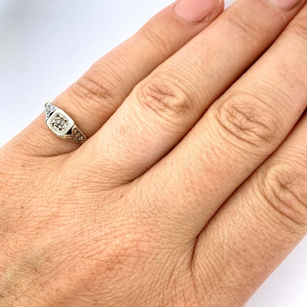 Antique 9CT Gold Square Face Diamond Solitaire Ring • Engagement Ring View II