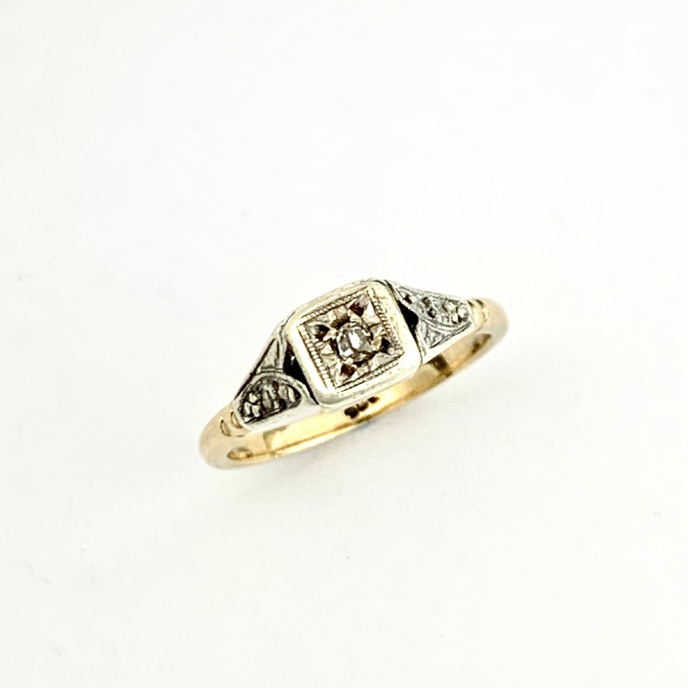 Antique 9CT Gold Square Face Diamond Solitaire Ring • Engagement Ring View V